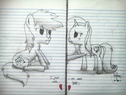 Size: 4160x3120 | Tagged: safe, artist:php142, oc, oc only, pony, heartbreak, high res, lined paper, monochrome, sad, school, traditional art, valentine's day