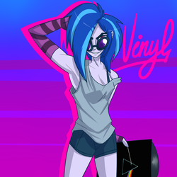 Size: 1440x1440 | Tagged: safe, artist:imskull, dj pon-3, vinyl scratch, human, g4, armpits, clothes, female, gloves, humanized, pink floyd, record, solo, the dark side of the moon