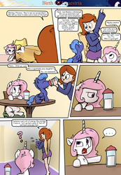 Size: 1280x1853 | Tagged: safe, artist:shieltar, princess celestia, princess luna, oc, oc:grace harmony, pony, comic:birth of equestria, g4, ..., baby bottle, behaving like a cat, cewestia, clothes, comic, cute, filly, pink-mane celestia, question mark, sibling rivalry, skirt, sweater, winged human, woona, younger