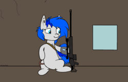 Size: 5208x3333 | Tagged: safe, artist:melon frost, oc, oc only, oc:sapphire sights, pegasus, pony, absurd resolution, female, gun, hooves, inside building, m98b, m98b barret, mare, optical sight, piercing, rifle, simple background, sitting, sniper, sniper rifle, solo, weapon, window, wings