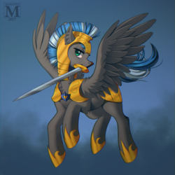Size: 1000x1000 | Tagged: safe, artist:margony, oc, oc only, oc:cloud zapper, pegasus, pony, armor, commission, flying, helmet, male, mouth hold, royal guard, signature, solo, stallion, sword, weapon