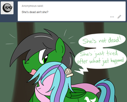 Size: 1280x1023 | Tagged: safe, artist:hummingway, oc, oc only, oc:feather hummingway, oc:swirly shells, pony, ask-humming-way, dialogue, forest, tumblr, tumblr comic