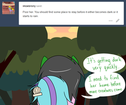 Size: 1280x1072 | Tagged: safe, artist:hummingway, oc, oc only, oc:feather hummingway, oc:swirly shells, pony, ask-humming-way, dialogue, forest, tumblr, tumblr comic