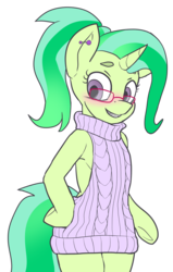 Size: 2063x3243 | Tagged: safe, artist:neoncel, oc, oc only, oc:paige turner, pony, unicorn, semi-anthro, backless, base used, blushing, braces, clothes, ear piercing, eyebrows, female, glasses, high res, mare, open-back sweater, piercing, simple background, sleeveless sweater, smiling, solo, sweater, transparent background, virgin killer sweater