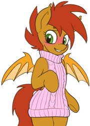 Size: 2263x3135 | Tagged: safe, artist:neoncel, oc, oc only, oc:mango slice, bat pony, pony, semi-anthro, backless, base used, blushing, clothes, high res, open-back sweater, shy, simple background, sleeveless sweater, smiling, solo, sweater, transparent background, virgin killer sweater
