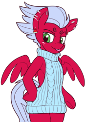 Size: 2224x3151 | Tagged: safe, artist:neoncel, oc, oc only, oc:melon frost, pegasus, pony, semi-anthro, backless, base used, clothes, ear piercing, eyebrows, freckles, high res, lip piercing, open-back sweater, piercing, simple background, sleeveless sweater, solo, sweater, tongue out, transparent background, virgin killer sweater