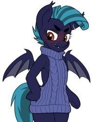 Size: 2317x3069 | Tagged: safe, artist:neoncel, oc, oc only, oc:midnight chastise, bat pony, pony, semi-anthro, backless, base used, blushing, clothes, ear piercing, eyebrows, fangs, grumpy, high res, lip piercing, open-back sweater, piercing, simple background, sleeveless sweater, solo, sweater, transparent background, virgin killer sweater