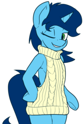 Size: 2018x2996 | Tagged: safe, artist:neoncel, oc, oc only, oc:sweet cakes, pony, unicorn, semi-anthro, backless, clothes, female, high res, mare, one eye closed, open-back sweater, simple background, sleeveless sweater, smiling, solo, sweater, transparent background, virgin killer sweater, wink
