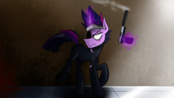 Size: 1920x1080 | Tagged: safe, artist:imskull, twilight sparkle, pony, unicorn, g4, blood, clothes, female, future twilight, glowing horn, gun, handgun, hooves, horn, levitation, magic, mare, metal gear, pistol, raised hoof, smoke, solo, suppressor, telekinesis, weapon