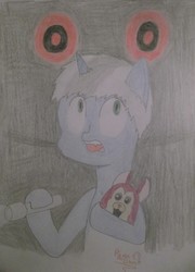 Size: 3326x4608 | Tagged: safe, artist:raventheghost, oc, oc only, oc:raven blake, pony, unicorn, crossover, flashlight (object), high res, solo, tattletail, traditional art