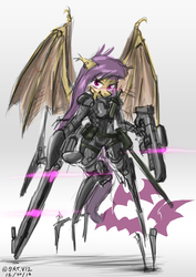 Size: 1290x1821 | Tagged: safe, artist:satv12, fluttershy, bat pony, anthro, g4, bodysuit, female, flutterbat, gun, looking at you, powered exoskeleton, race swap, rifle, science fiction, simple background, solo, spread wings, tacticool, weapon, white background