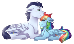 Size: 2400x1431 | Tagged: safe, artist:artistcoolpony, artist:monnarcha, rainbow dash, soarin', pony, g4, floppy ears, male, nuzzling, prone, ship:soarindash, shipping, simple background, size difference, smoldash, straight, transparent background