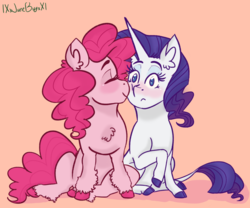 Size: 1024x853 | Tagged: safe, artist:lxxjunebugxxl, pinkie pie, rarity, classical unicorn, pony, g4, blushing, cloven hooves, female, horn, leonine tail, lesbian, nuzzling, ship:raripie, shipping, simple background, sitting, unshorn fetlocks