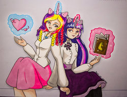 Size: 1024x781 | Tagged: safe, artist:ryuraiart, princess cadance, twilight sparkle, human, g4, book, clothes, eared humanization, heart, horn, horned humanization, humanized, magic, open mouth, school uniform, sitting, skirt, smiling, telekinesis, traditional art