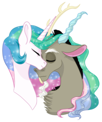 Size: 1280x1536 | Tagged: safe, artist:whisperseas, discord, princess celestia, pony, g4, bust, chest fluff, eyes closed, male, nuzzling, portrait, ship:dislestia, shipping, simple background, straight, transparent background, watermark