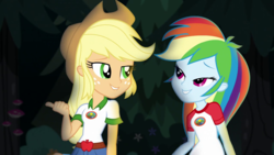 Size: 1280x720 | Tagged: safe, screencap, applejack, rainbow dash, equestria girls, g4, my little pony equestria girls: legend of everfree, bedroom eyes, female, lip bite, out of context