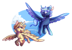 Size: 1024x707 | Tagged: safe, artist:crownedspade, oc, oc only, alicorn, pony, alicorn oc, crown, flying, jewelry, laurel wreath, male, regalia, spread wings, stallion