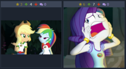 Size: 568x312 | Tagged: safe, applejack, rainbow dash, rarity, derpibooru, equestria girls, g4, my little pony equestria girls: legend of everfree, bedroom eyes, exploitable meme, juxtaposition, marshmelodrama, meme, meta