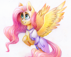 Size: 2463x1948 | Tagged: safe, artist:leeene, fluttershy, pegasus, pony, the count of monte rainbow, g4, clothes, crossover, dress, female, flying, hooves to the chest, i will be there, looking up, simple background, smiling, solo, spread wings, the count of monte cristo, traditional art, wings