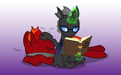 Size: 1335x830 | Tagged: safe, artist:firefall-mlp, oc, oc only, oc:firefall, oc:imago, changeling, pony, unicorn, book, female, glasses, gradient background, magic, male, petting, purring, rubbing, sleeping, stallion