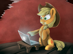 Size: 1280x960 | Tagged: safe, artist:cryptic-dash, applejack, earth pony, pony, g4, :t, apple, apple (company), computer, female, food, laptop computer, nose wrinkle, scrunchy face, sitting, solo