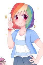 Size: 1314x1977 | Tagged: safe, artist:windymils, rainbow dash, human, g4, alternate hairstyle, blushing, clothes, cute, dashabetes, duo, duo female, female, humanized, peace sign, short hair, simple background, smiling, solo focus, white background