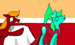 Size: 1600x960 | Tagged: safe, artist:dashingjack, oc, oc only, oc:brainstorm, oc:silverdollar, earth pony, pony, comic:fashion trap, crossdressing, lipstick, makeup, raised tail, story in the source, tail