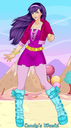 Size: 306x552 | Tagged: safe, artist:glittertiara, twilight sparkle, human, g4, boots, bracelet, candy, clothes, cotton candy, female, fist, high heel boots, humanized, jewelry, lollipop, necklace, rockstar, solo