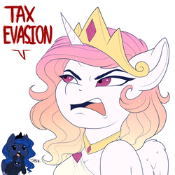 Size: 2200x2200 | Tagged: safe, artist:evehly, princess celestia, princess luna, alicorn, anthro, g4, clothes, crown, dialogue, disgusted, evening gloves, faic, female, gasp, gloves, high res, horse taxes, jewelry, open mouth, peytral, regalia, simple background, tax evasion, taxes, that pony sure does love taxes, white background