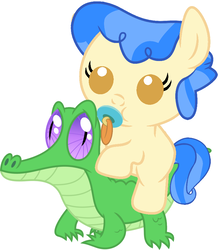 Size: 786x902 | Tagged: safe, artist:red4567, gummy, sapphire shores, pony, g4, baby, baby pony, cute, pacifier, ponies riding gators, riding, sapphire sweetness, weapons-grade cute