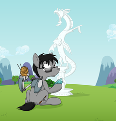 Size: 2251x2354 | Tagged: safe, artist:sandwich-anomaly, discord, oc, oc only, oc:crossfire, earth pony, pony, g4, gadget, grass field, high res, looking back, male, mountain, robotic arm, sewing needle, sitting, solo, stallion, statue, yarn