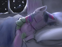 Size: 1280x989 | Tagged: safe, artist:silfoe, spike, twilight sparkle, alicorn, dragon, pony, royal sketchbook, g4, baby, baby dragon, bed, blanket, crescent moon, cuddling, curtains, cute, eyes closed, female, male, mama twilight, mare, moon, night, night sky, pillow, silfoe is trying to murder us, sky, sleeping, sleeping together, snow, snuggling, spikabetes, spikelove, twiabetes, twilight sparkle (alicorn), window