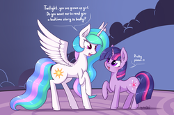 Size: 2112x1390 | Tagged: safe, artist:dsp2003, princess celestia, twilight sparkle, pony, g4, blushing, comic, cute, heart, heart eyes, momlestia, single panel, twiabetes, wingding eyes