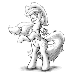 Size: 1000x1000 | Tagged: safe, artist:blue-paint-sea, applejack, pony, g4, bipedal, chest fluff, cowboy hat, female, hat, looking at you, monochrome, open mouth, rearing, simple background, sketch, smiling, solo, stetson, white background