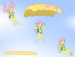 Size: 1280x988 | Tagged: safe, artist:jonfawkes, fluttershy, human, g4, air ponyville, clothes, commission, cute, falling, female, humanized, jumpsuit, parachute, ponytail, scared, sequence, shyabetes, sitting, skydiving, solo, sprite sheet