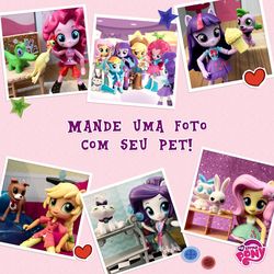 Size: 1200x1200 | Tagged: safe, angel bunny, applejack, boneless, fluttershy, gummy, opalescence, pinkie pie, rainbow dash, rarity, spike, twilight sparkle, winona, cat, equestria girls, g4, official, boots, clothes, cowboy hat, denim skirt, doll, equestria girls minis, food, hat, high heel boots, irl, mane six, my little pony logo, pets, photo, popcorn, portuguese, rubber chicken, skirt, stetson, toy