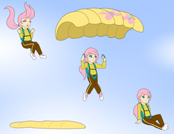 Size: 1280x988 | Tagged: safe, artist:jonfawkes, fluttershy, human, g4, air ponyville, clothes, commission, cute, falling, female, humanized, long sleeved shirt, long sleeves, pants, parachute, ponytail, scared, sequence, shyabetes, sitting, skydiving, solo, sprite sheet