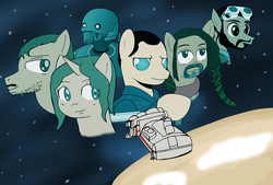 Size: 4050x2730 | Tagged: safe, artist:dsana, artist:helsaabi, pony, robot, baze malbus, bodhi rook, cassian andor, chirrut imwe, collaboration, crossover, goggles, group, high res, jyn erso, k-2so, planet, ponified, rogue one: a star wars story, smiling, space, spaceship, star wars