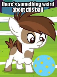 Size: 293x394 | Tagged: safe, edit, edited screencap, screencap, pipsqueak, earth pony, pony, g4, twilight time, ball, coat markings, colt, image macro, male, meme, pinto, solo