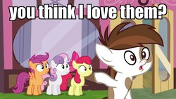 Size: 1280x720 | Tagged: safe, edit, edited screencap, screencap, apple bloom, pipsqueak, scootaloo, sweetie belle, earth pony, pony, g4, twilight time, colt, cutie mark crusaders, image macro, male, meme