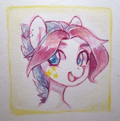 Size: 1065x1080 | Tagged: safe, artist:aphphphphp, oc, oc only, pegasus, pony, bust, ear piercing, female, mare, open mouth, piercing, portrait, smiling, solo, traditional art, watercolor painting
