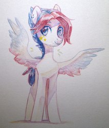Size: 919x1080 | Tagged: safe, artist:aphphphphp, oc, oc only, pegasus, pony, ear piercing, female, mare, piercing, solo, spread wings, traditional art, watercolor painting