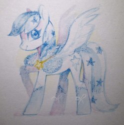 Size: 1070x1080 | Tagged: safe, artist:aphphphphp, oc, oc only, oc:starline, pegasus, pony, clothes, female, frilly socks, looking at you, mare, profile, raised hoof, socks, solo, spread wings, traditional art, watercolor painting, wings