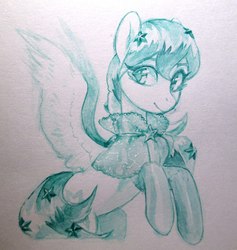 Size: 1025x1080 | Tagged: safe, artist:aphphphphp, oc, oc only, oc:starline, pegasus, pony, clothes, female, mare, monochrome, rearing, see-through, socks, solo, spread wings, traditional art, watercolor painting, wings