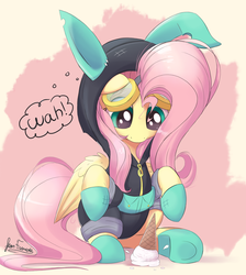 Size: 1820x2030 | Tagged: safe, artist:bugplayer, fluttershy, pegasus, pony, g4, abstract background, bunny ears, clothes, costume, cute, dangerous mission outfit, dropped ice cream, dropping, female, food, goggles, hnnng, hoodie, ice cream, looking down, mare, outfit, shadow, shyabetes, signature, simple background, sitting, solo, this will end in tears, thought bubble, underhoof, wah, wing fluff
