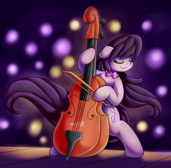 Size: 2300x2265 | Tagged: safe, artist:graphene, octavia melody, earth pony, pony, g4, bipedal, bow (instrument), cello, cello bow, eyes closed, female, high res, musical instrument, smiling, solo, stage