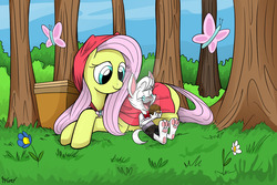 Size: 1024x683 | Tagged: safe, artist:greycat-rademenes, fluttershy, oc, oc:dr. wolf, butterfly, pegasus, pony, g4, basket, crossed hooves, cute, duo, food, forest, grass, hood, hooded cape, little red riding hood, looking at something, muffin, ocbetes, parody, prone, shyabetes, turned head, watermark