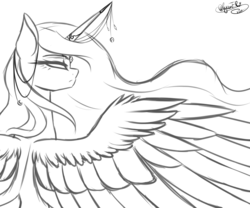 Size: 2400x2000 | Tagged: safe, artist:minelvi, princess luna, alicorn, pony, g4, .psd available, eyelashes, female, high res, horn, horn jewelry, jewelry, lineart, mare, monochrome, open collaboration, signature, simple background, solo, spread wings, transparent background