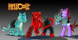 Size: 1500x778 | Tagged: safe, artist:tresmaxwell, pony, abe sapien, hellboy, liz sherman, ponified