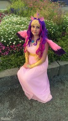 Size: 1520x2688 | Tagged: safe, artist:shadeila, princess cadance, human, g4, clothes, cosplay, costume, dress, flower, irl, irl human, photo, sitting, solo